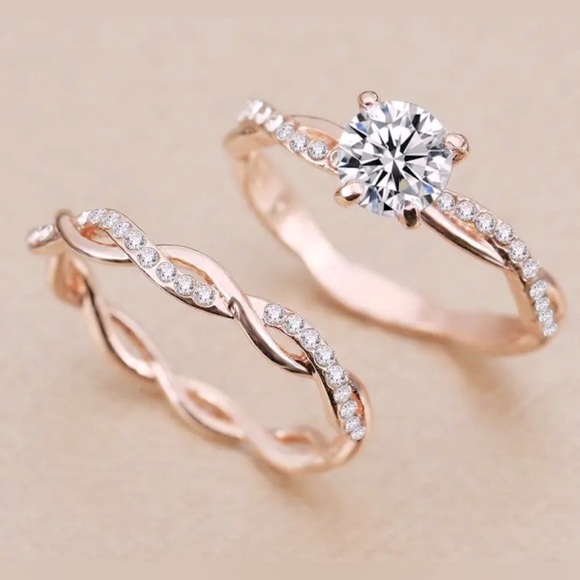 14K Gold Plated Shiny Zircon Wave Band Ring Set Alloy Promise Ring for Women - Picture 3 of 7